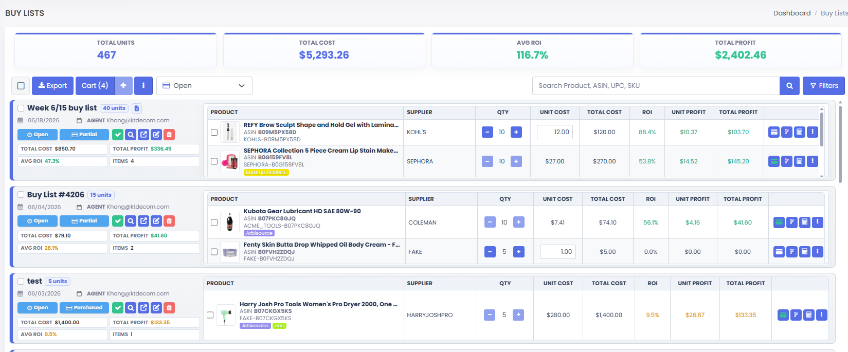 3P Mercury Buy Lists showing planned units, cost, ROI, profit, suppliers, and order quantities.