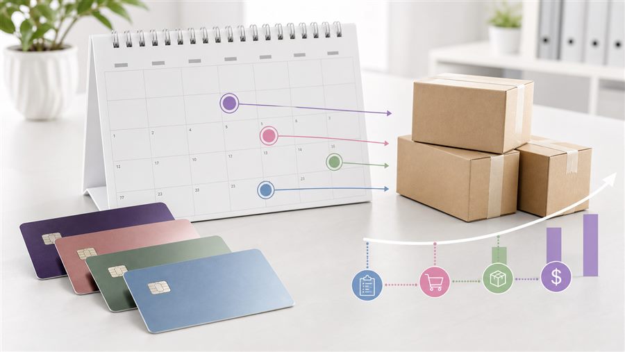 Credit cards arranged beside a calendar to plan Amazon inventory purchases and repayment timing.
