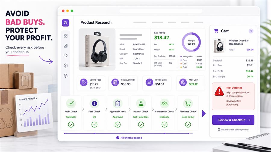 Amazon seller product research dashboard checking profit, fees, approvals, hazmat status, competition, and cart risk before checkout.