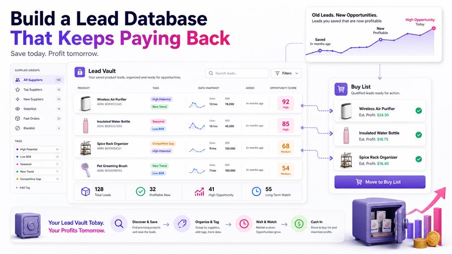 A lead database dashboard showing saved product leads becoming future Buy List opportunities.