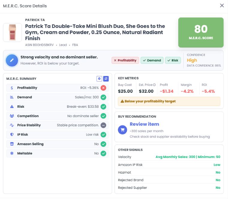 3P Mercury dashboard summarizing key Amazon lead evaluation signals.
