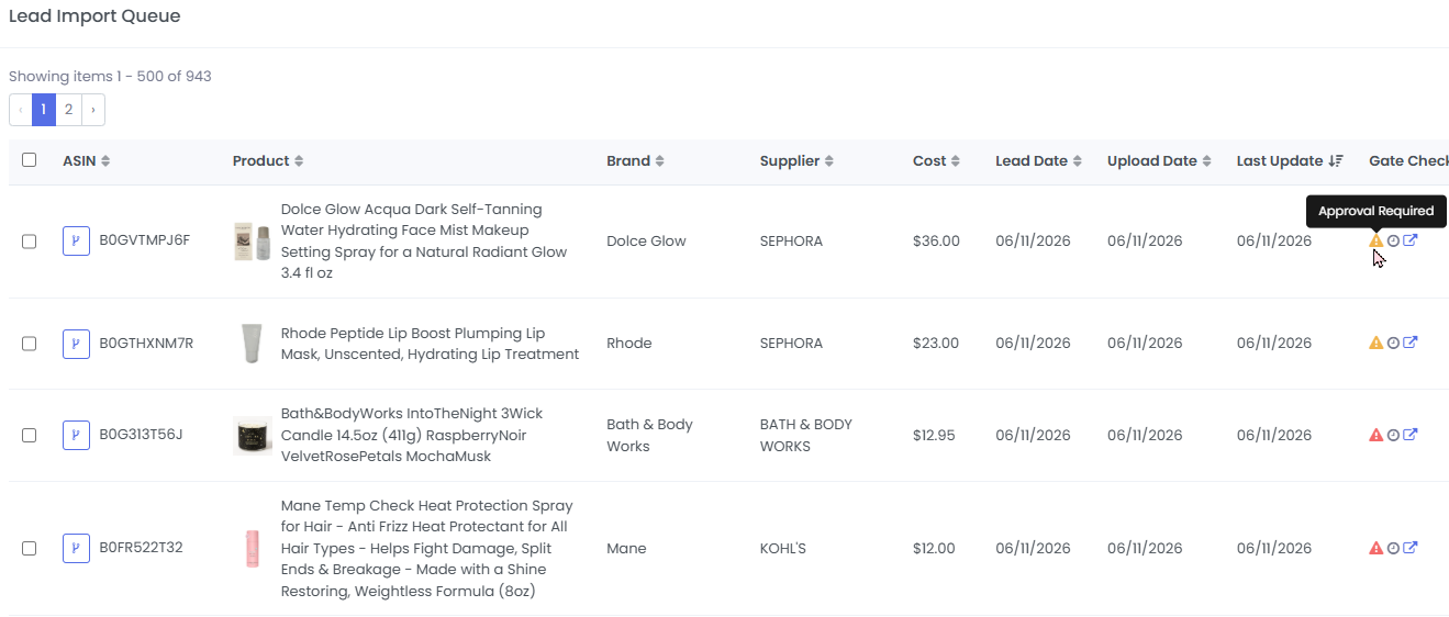 3P Mercury Lead Import Queue showing imported products and gate check status indicators.