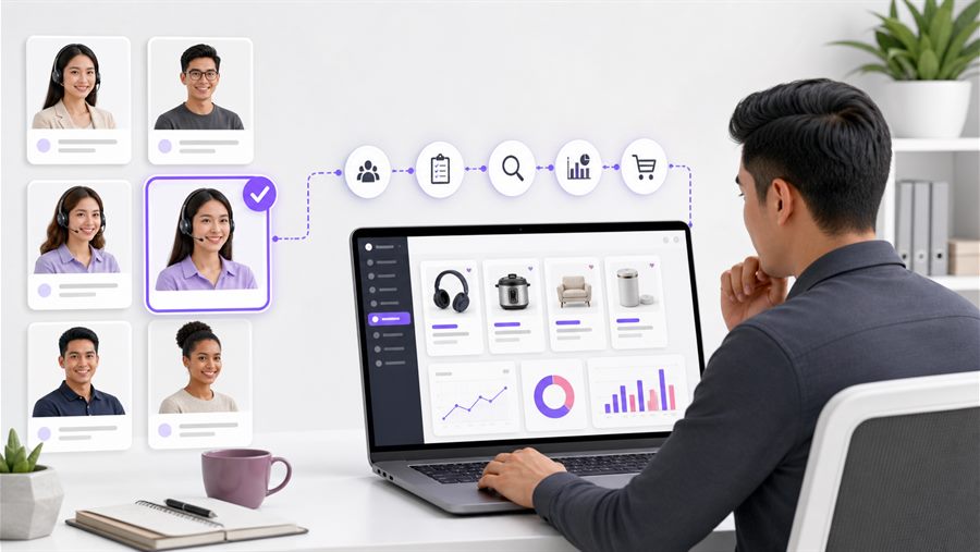 A business owner selecting a virtual assistant for an organized product sourcing workflow.