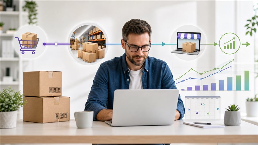 Amazon reseller reviewing inventory spending and cash-flow timing at a laptop.