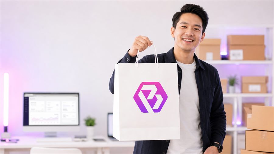 A reseller holding a shopping bag with 3P Mercury branding for an inventory purchasing workflow.