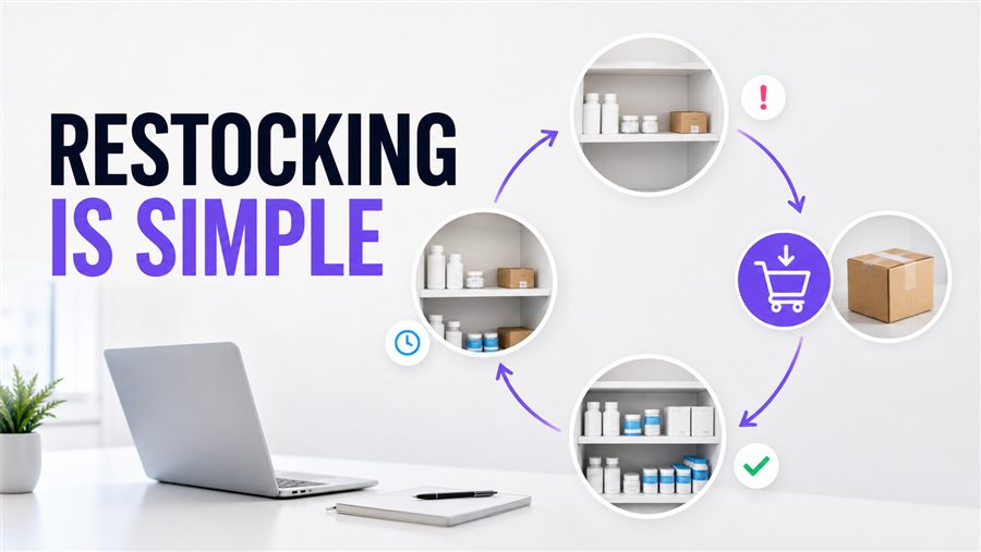 A simple workflow moving low inventory through a reorder cycle into fully stocked shelves.