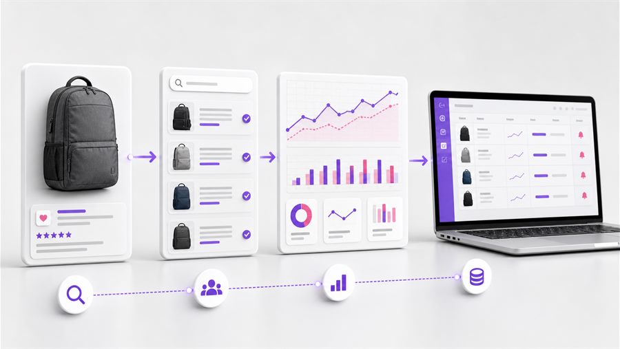 A product sourcing workflow connecting supplier research, market history, and lead monitoring.