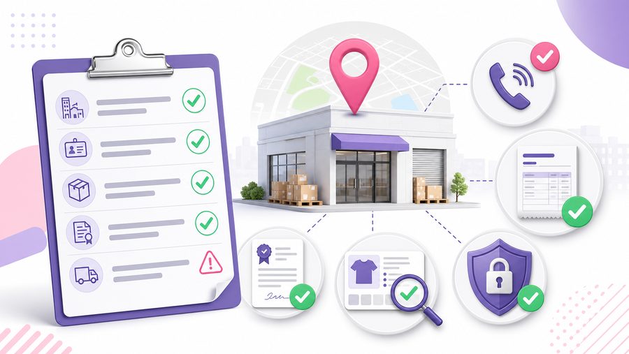 Supplier verification checklist with a map pin, invoice, brand authorization call, ASIN match check, and account safety shield.