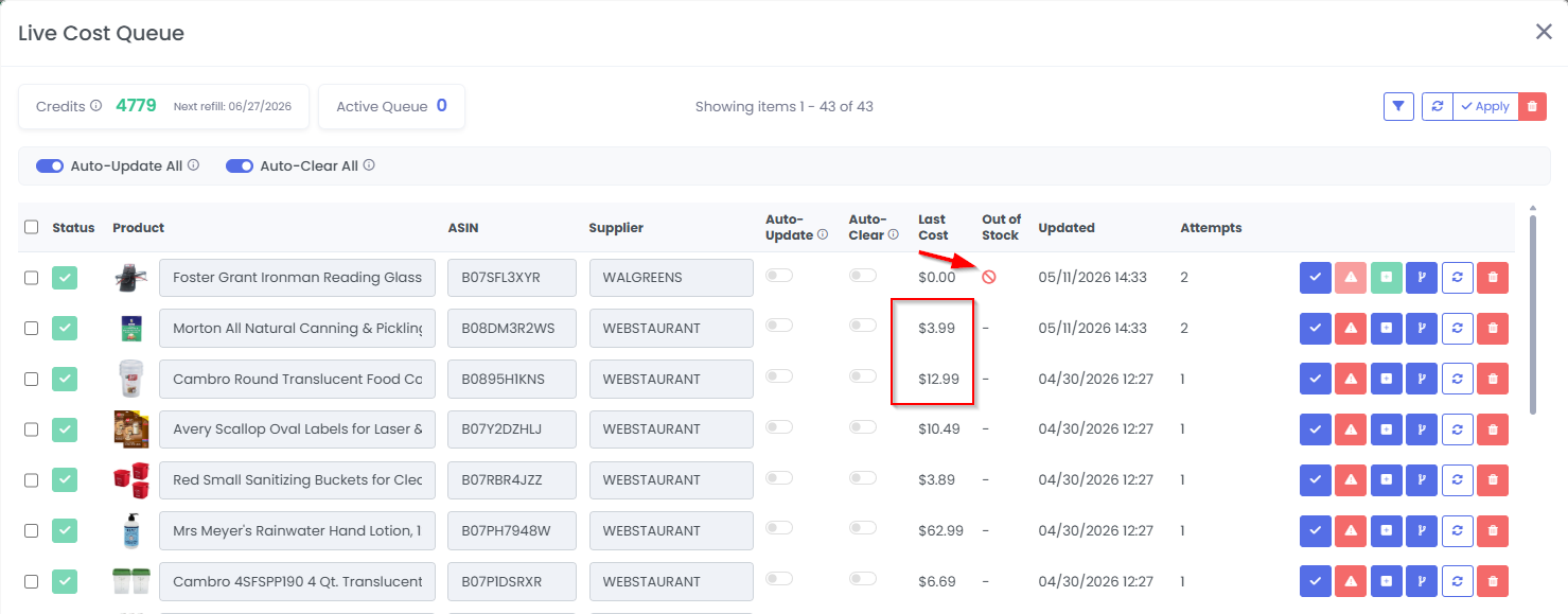 3P Mercury Live Cost screen showing supplier pricing and stock checks for saved leads.