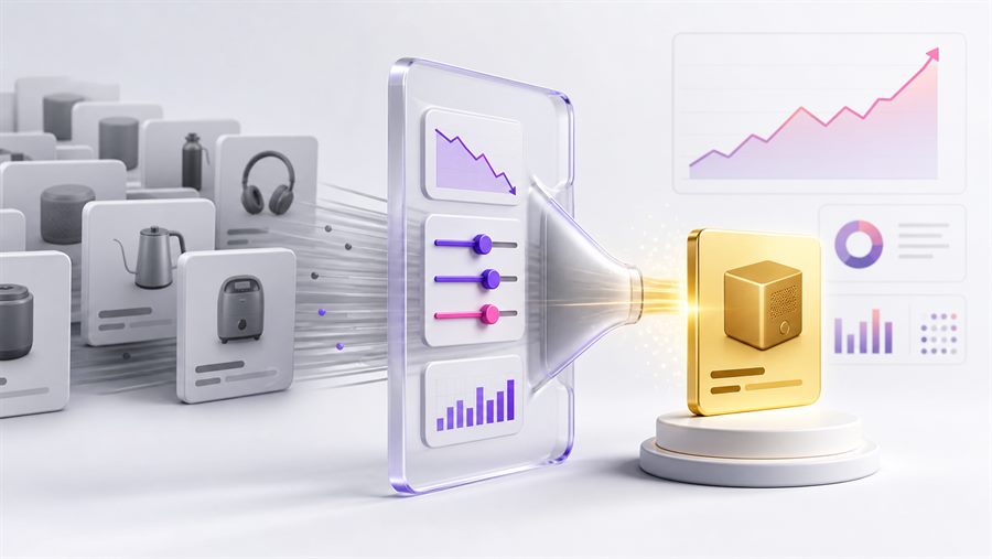 A software-style workflow turning overlooked product leads into one highlighted gold opportunity.