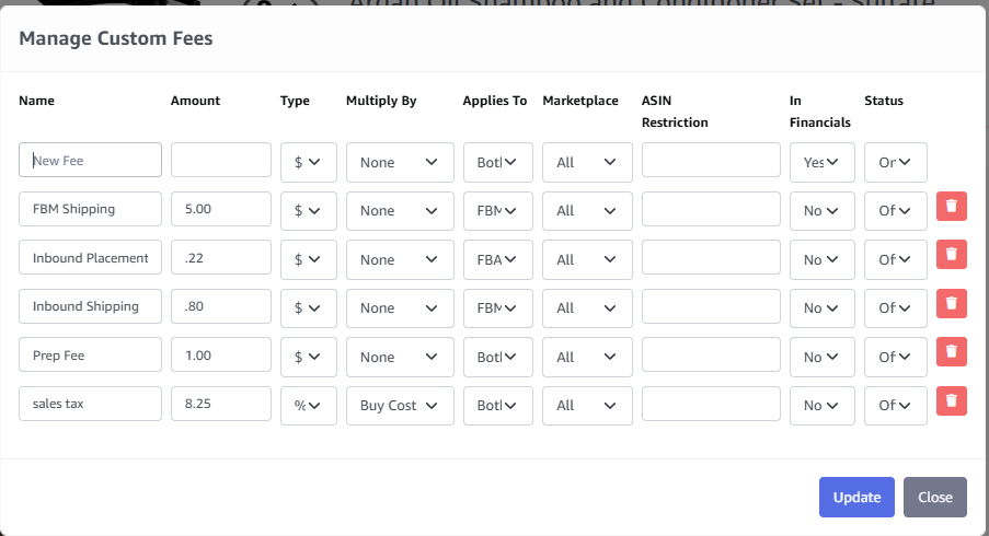 3P Mercury custom fees screen for adding prep, shipping, and other costs to a product analysis.