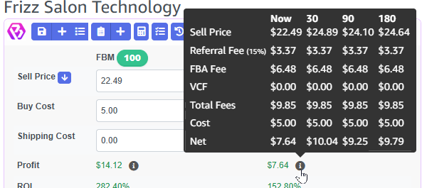 3P Mercury profit analysis showing Amazon fees, ROI, margin, and estimated profit.